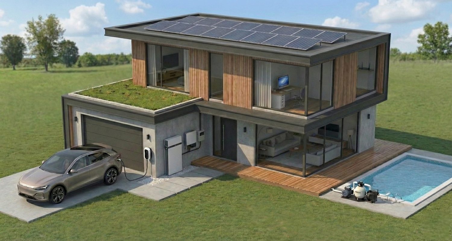 A modern home with rooftop solar, EV charging, home battery and pool by day