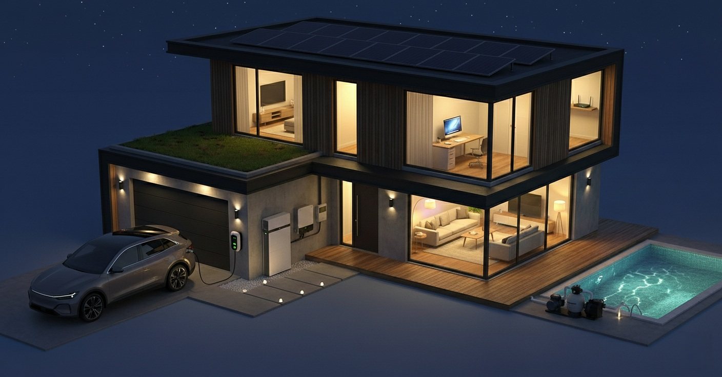 The same connected home at night, lit and running on stored solar