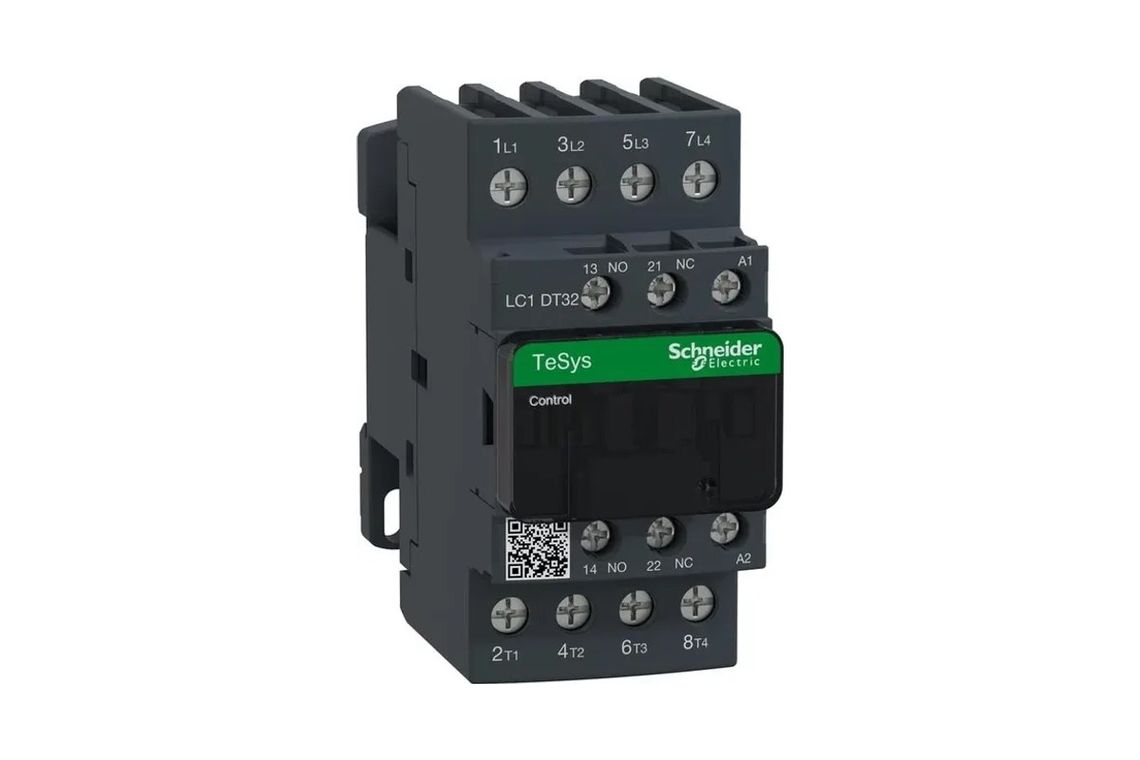 Photo of a Schneider Electric TeSys LC1DT32 contactor, a grey four pole module with screw terminals top and bottom and coil terminals A1 and A2