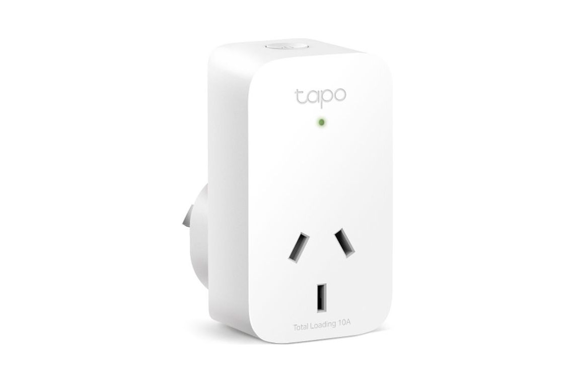 Photo of the Tapo P110, a white mini smart plug with an Australian socket on the front, marked Total Loading 10A