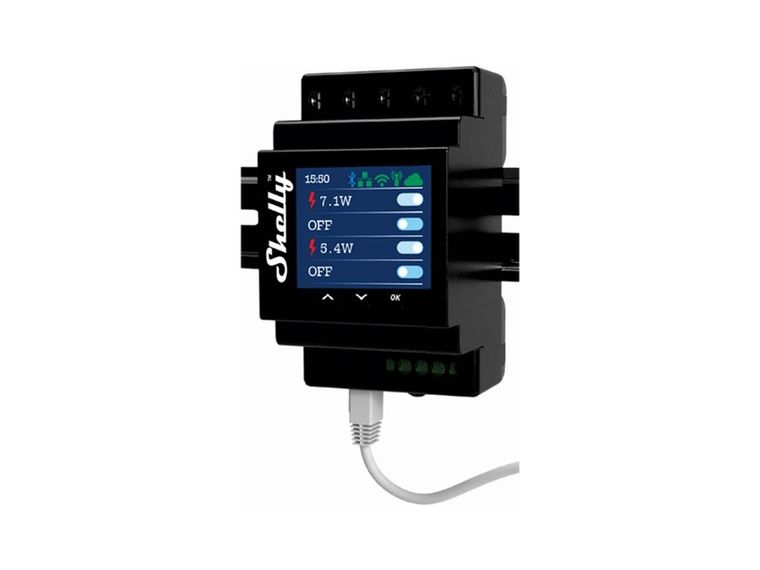 Photo of the Shelly Pro 4PM, a switchboard module with a colour screen showing the power on each circuit