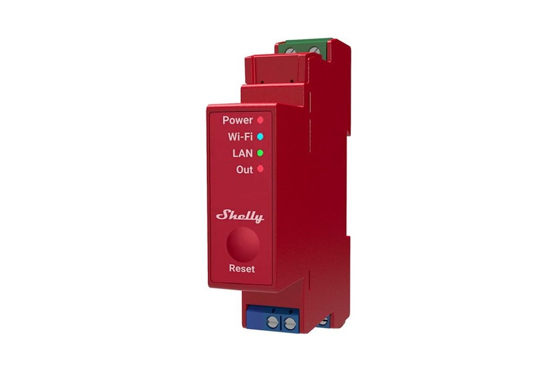 Photo of the Shelly Pro 1PM, a narrow red switchboard module with power, Wi-Fi, LAN and output lights and a reset button
