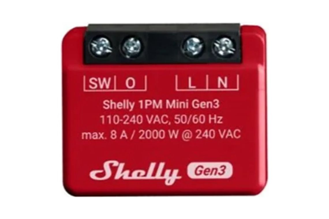 Photo of the Shelly 1PM Mini Gen3, a small red module with SW, O, L and N terminals, rated 8 amps or 2000 watts at 240 volts